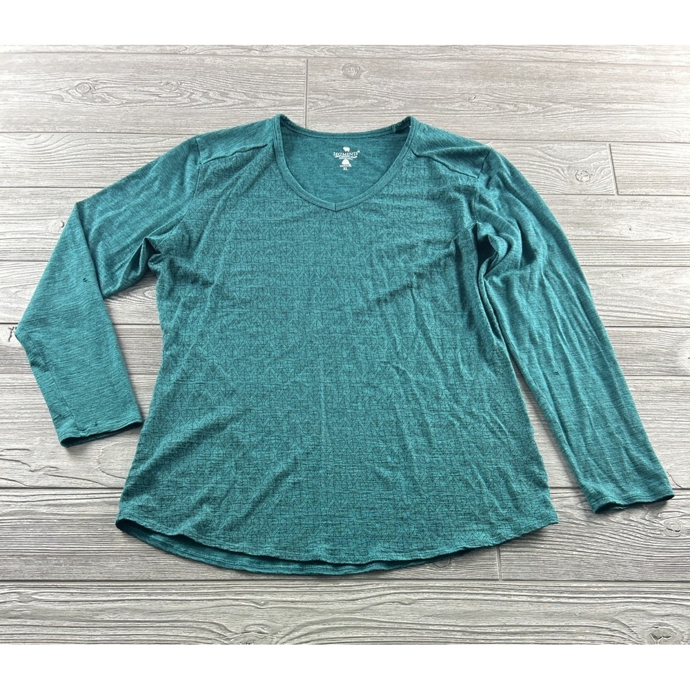 Segments Merino Wool Long Sleeve V Neck Top Size XL Green Leaf Print Base Layer